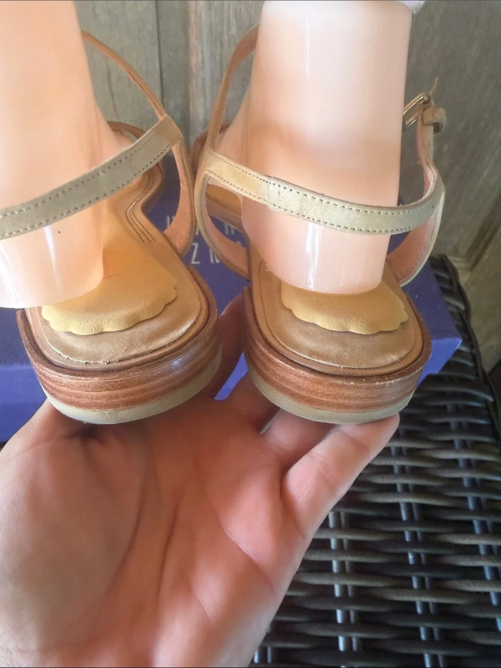 Stuart Weitzman Tan Suede Ankle-Strap Sandals with Gold Trim